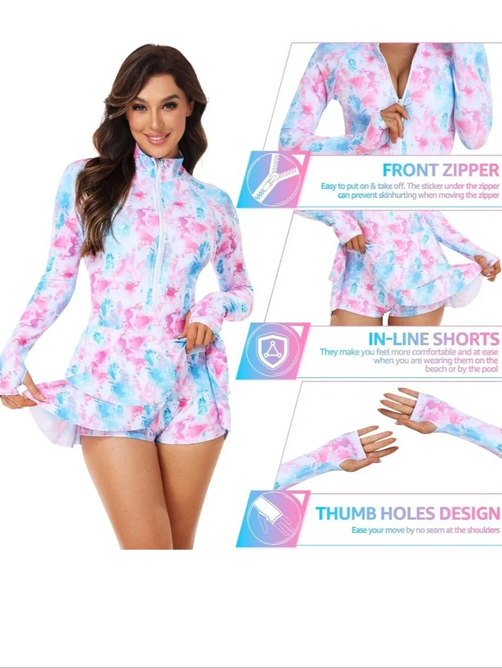 Pink & Blue Tie-Dye Long Sleeve Swim Dress With Shorts Size M - Picture 3 of 7